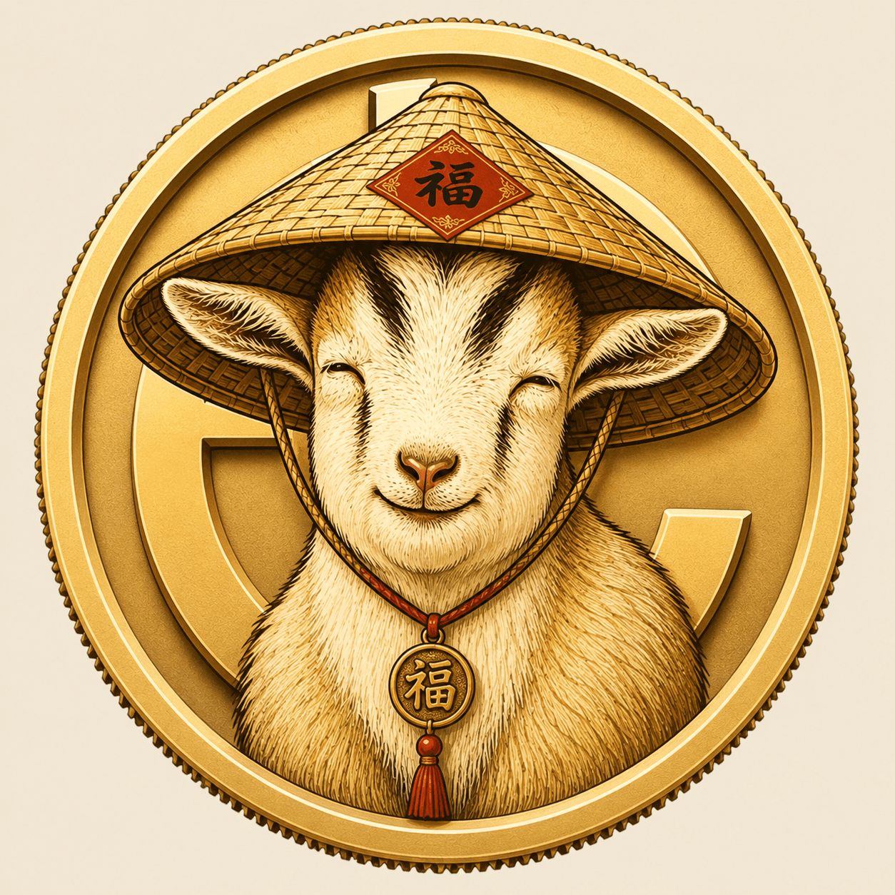 Goate coin — a goat wearing a conical hat with a fortune pendant